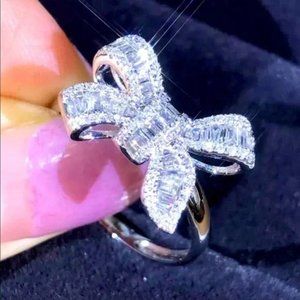 BAGUETTE BOW 925 STERLING SILVER DIAMOND RING, CUTE RING, SHINY RING.